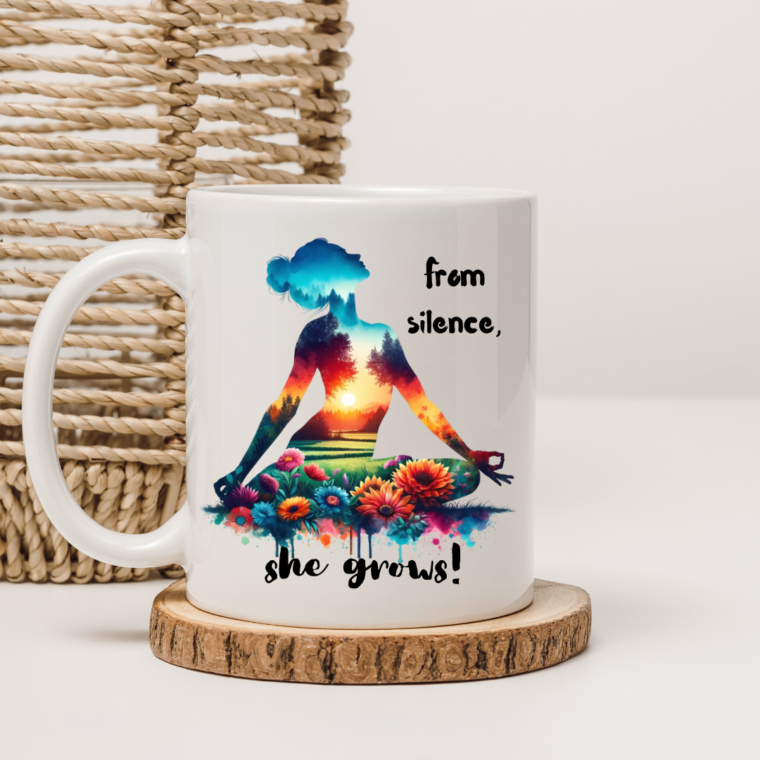 “From Silence, She Grows” Floral Meditation Mug