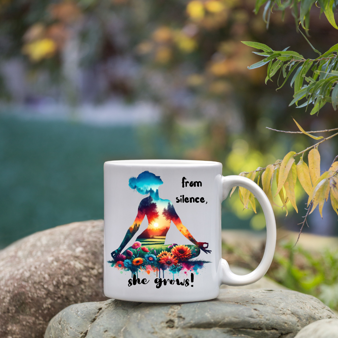 “From Silence, She Grows” Floral Meditation Mug